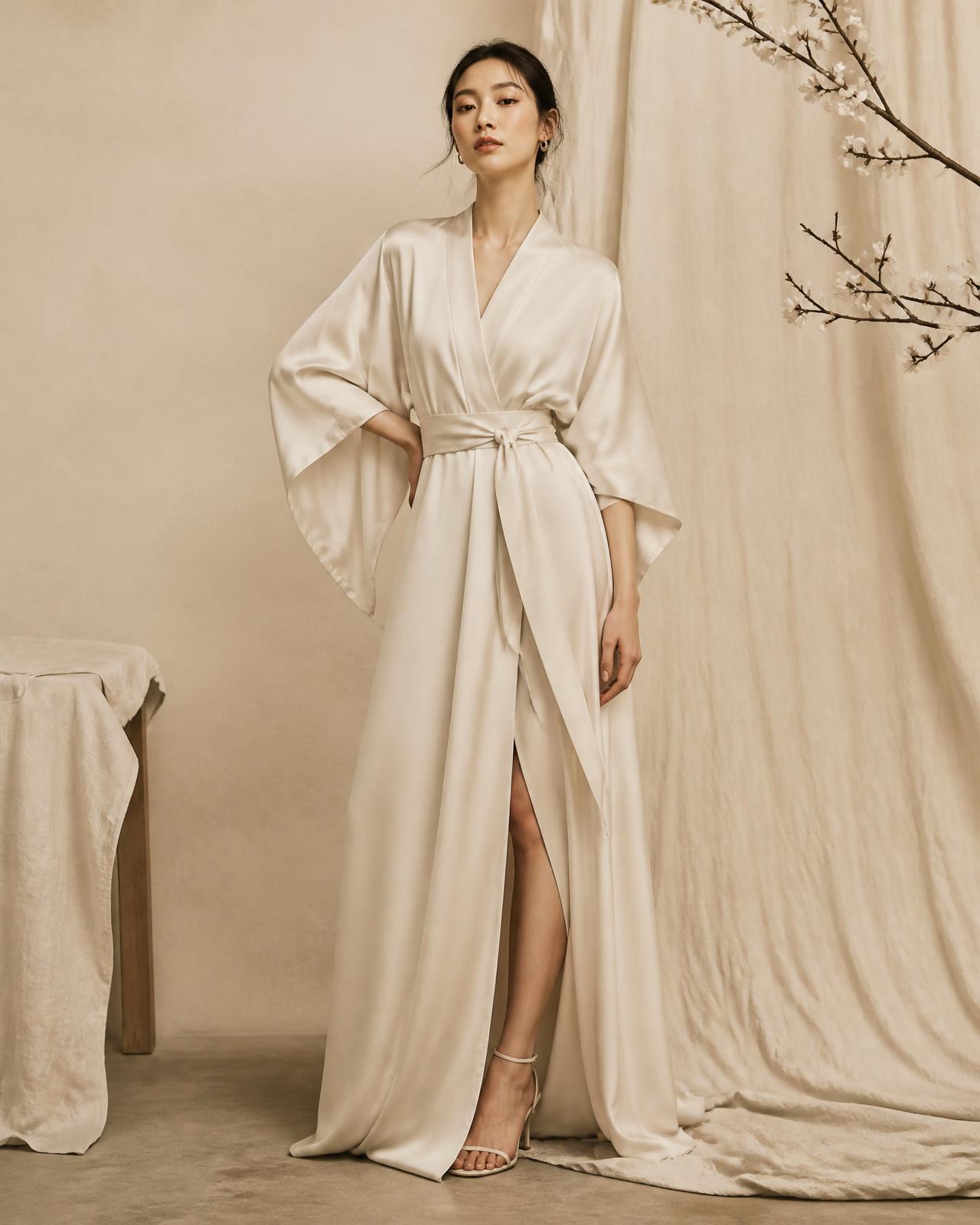 Model wearing an ivory silk kimono-inspired wrap gown